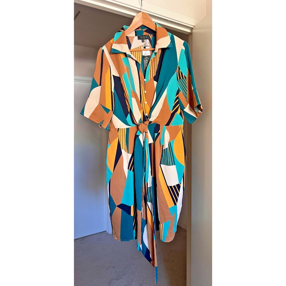 Gracia Geometric Print Shirt Dress Size L NWT